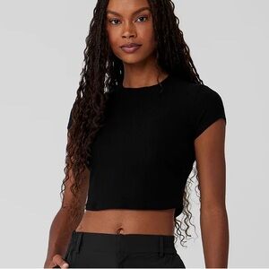 Alo Ribbed Cropped T Shirt Black Size Medium